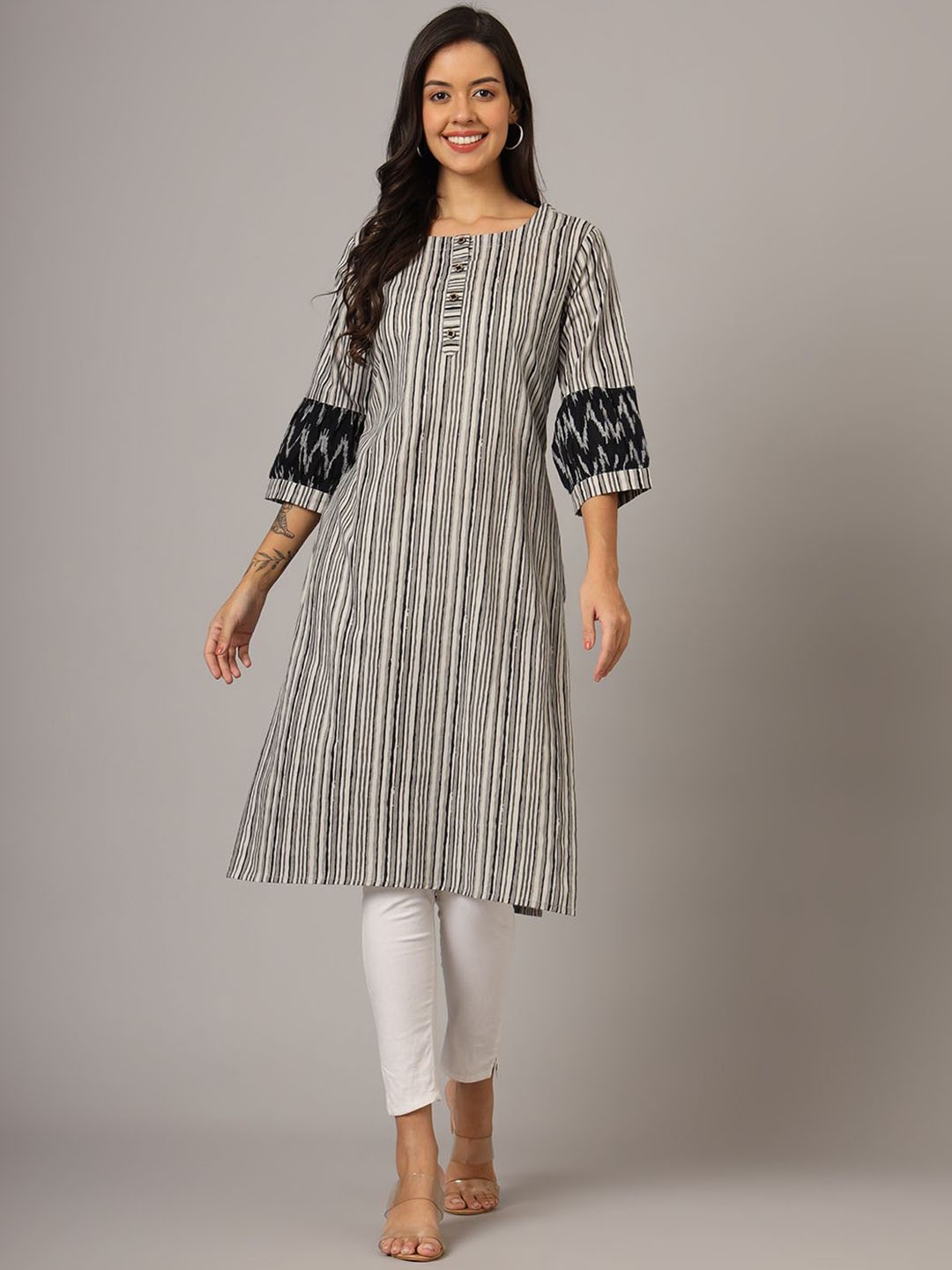 

FABRIC FITOOR Women Striped Print Cotton Kurta, Grey