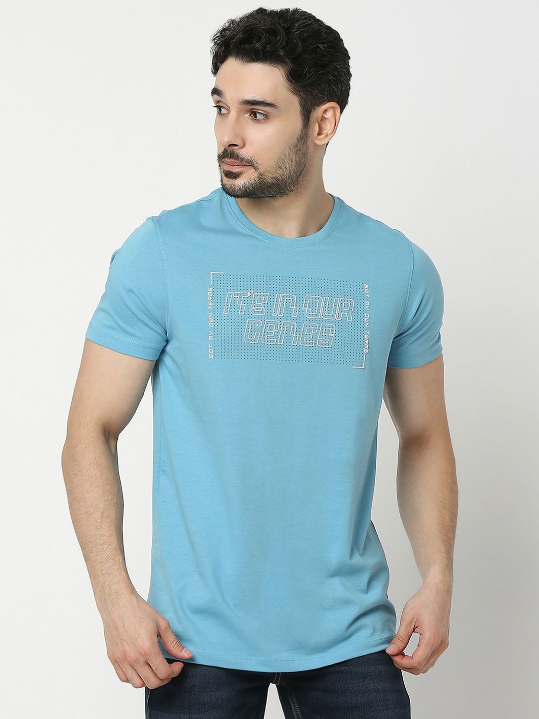 

UnderJeans by Spykar Men Printed Cotton T-Shirt, Blue