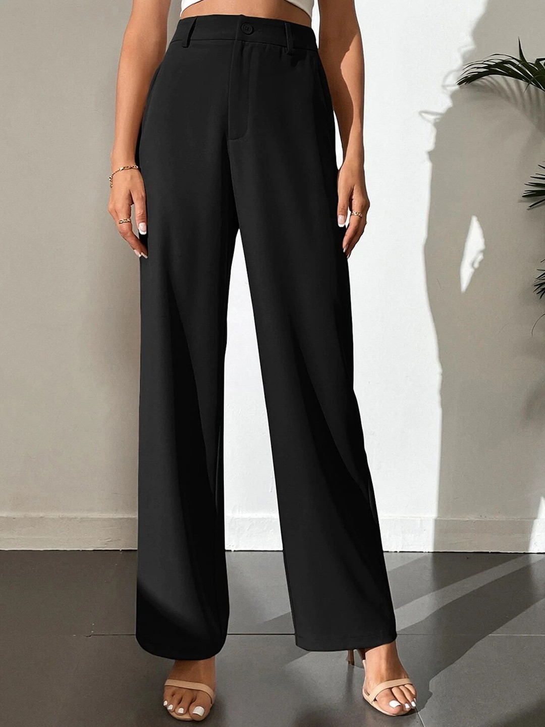 

FNOCKS Women Straight Fit Relaxed High-Rise Wrinkle Free Trousers, Black