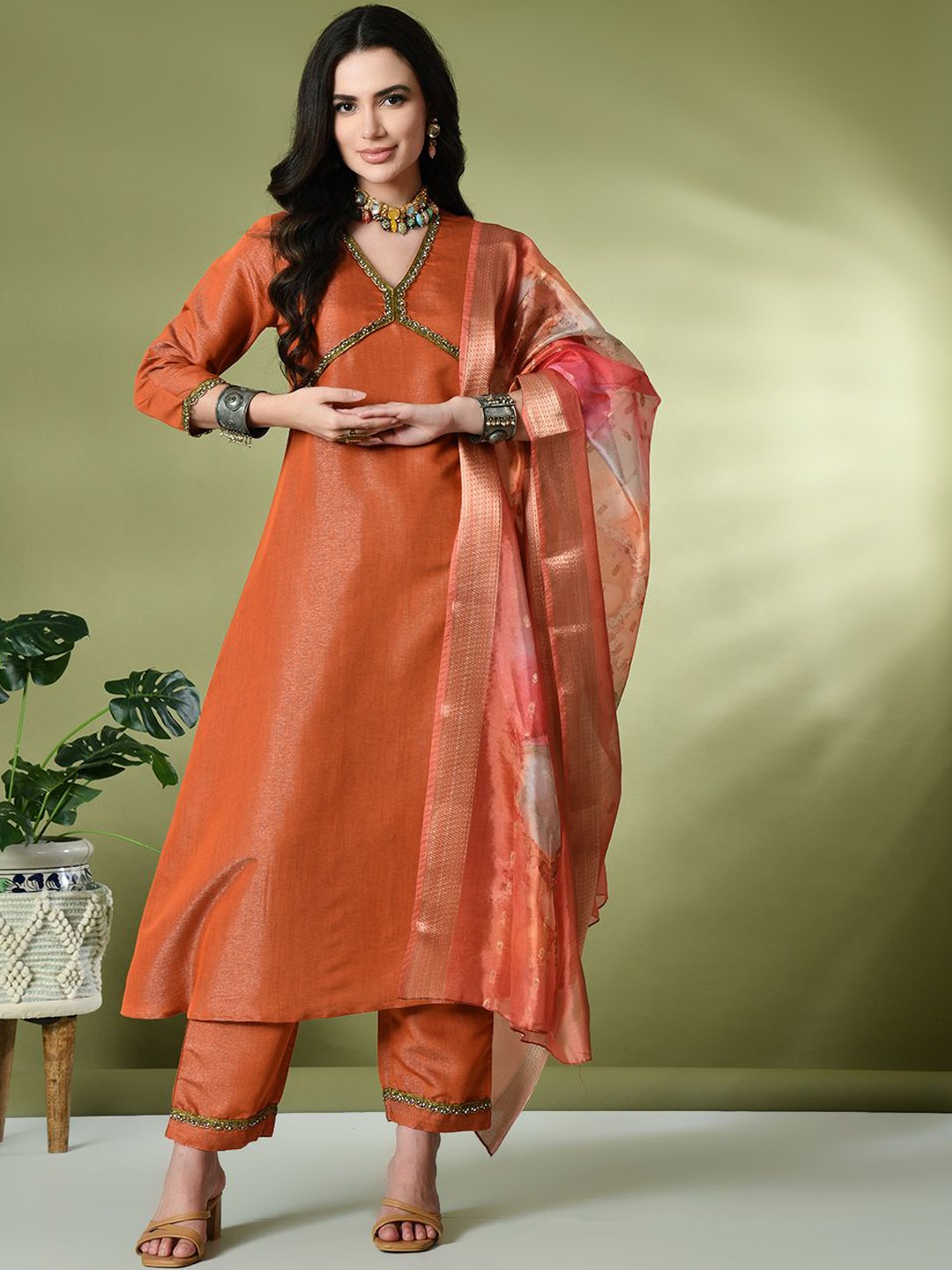 

Sangria V-Neck Pure Silk A-Line Kurta & Palazzo With Printed Dupatta Set, Orange