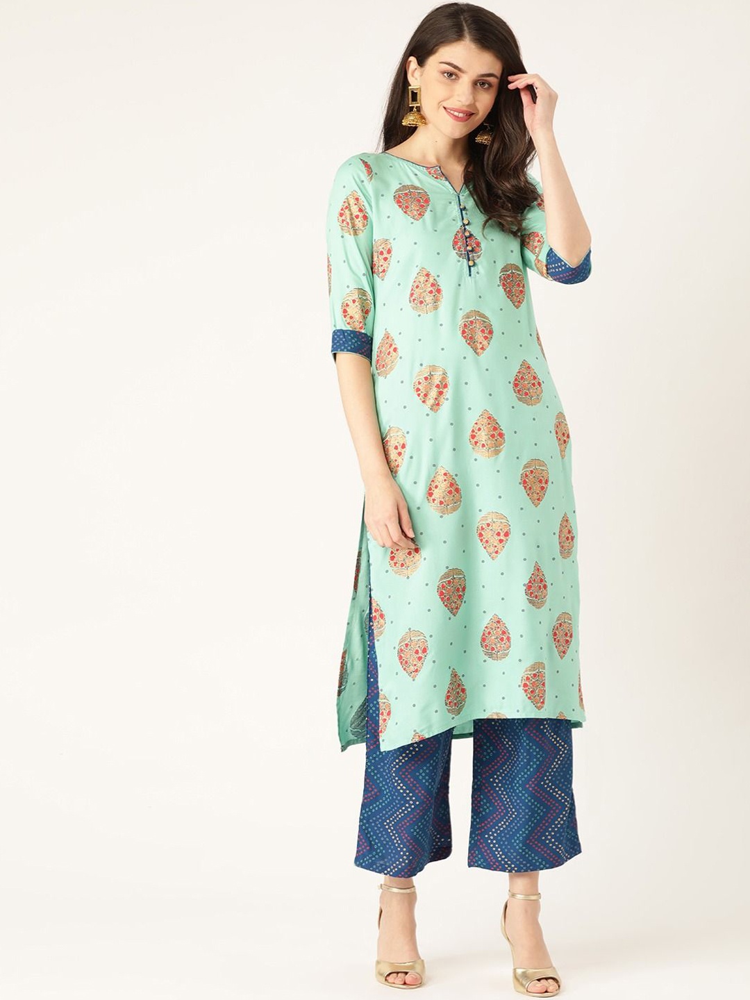 

Anouk Women Floral Printed Regular Kurta with Palazzos, Turquoise blue