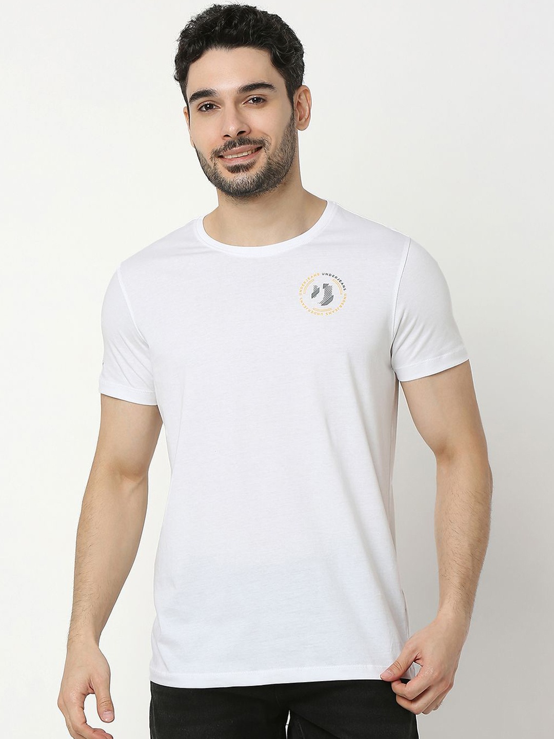 

Underjeans by Spykar Men Premium Brand Logo Printed Cotton Tshirt, White