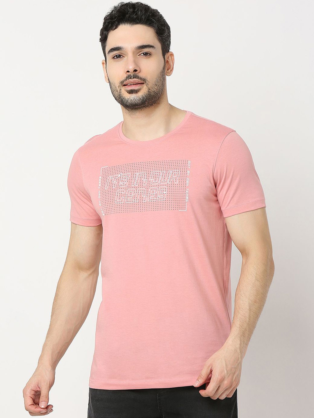 

UnderJeans by Spykar Men Premium Printed Cotton T-Shirt, Pink