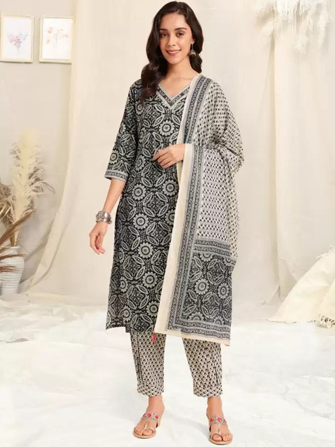 

KALINI Floral Printed V-Neck Straight Kurta with Pyjamas & Dupatta, Grey