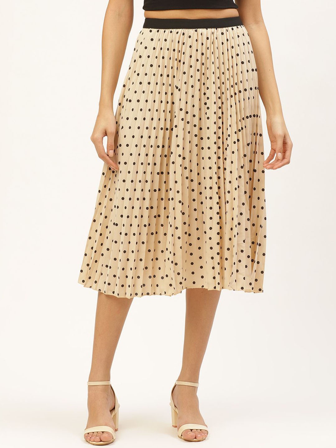 

ANVI Be Yourself Polka Dots Printed Pleated Flared Skirt, Beige