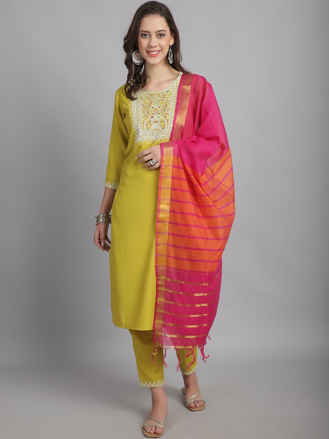 

KALINI Women Floral Embroidered Regular Thread Work Kurta with Trousers & With Dupatta, Yellow