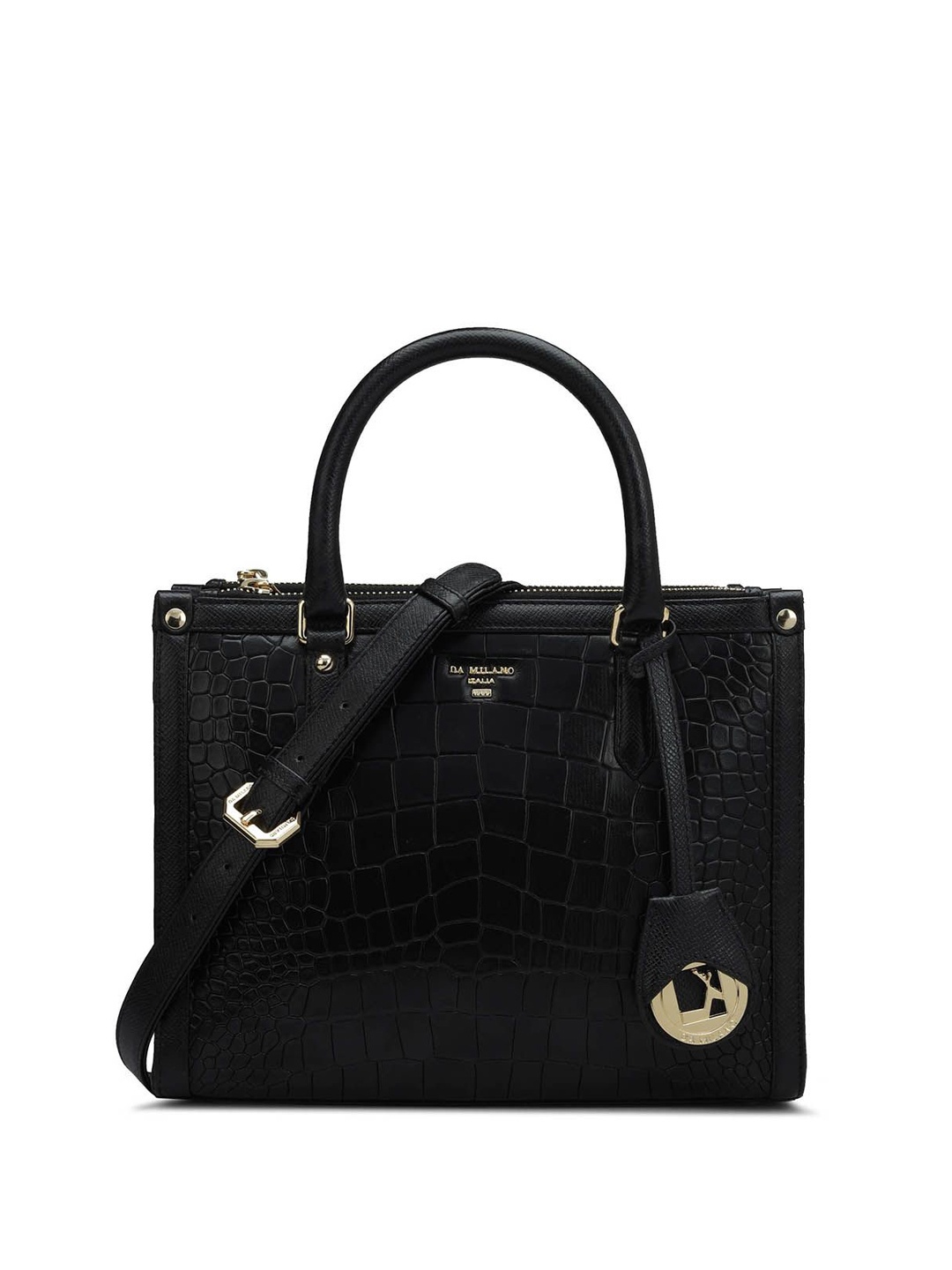 

Da Milano Textured Leather Oversized Structured Handheld Bag, Black