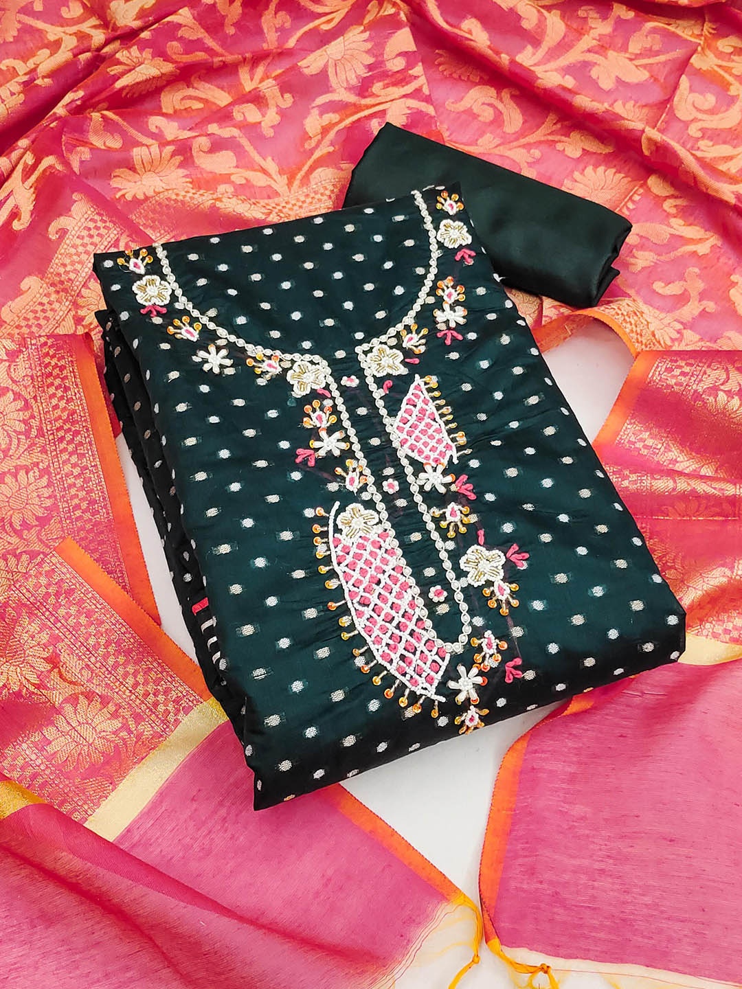 

KALINI Polka Dots Woven Design Beads and Stones Unstitched Dress Material, Black