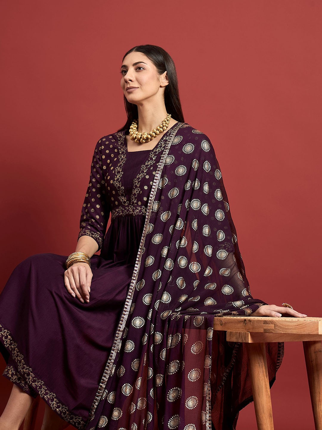 

all about you Women Ethnic Motifs Yoke Design Regular Gotta Patti Kurta with Trousers & With Dupatta, Purple