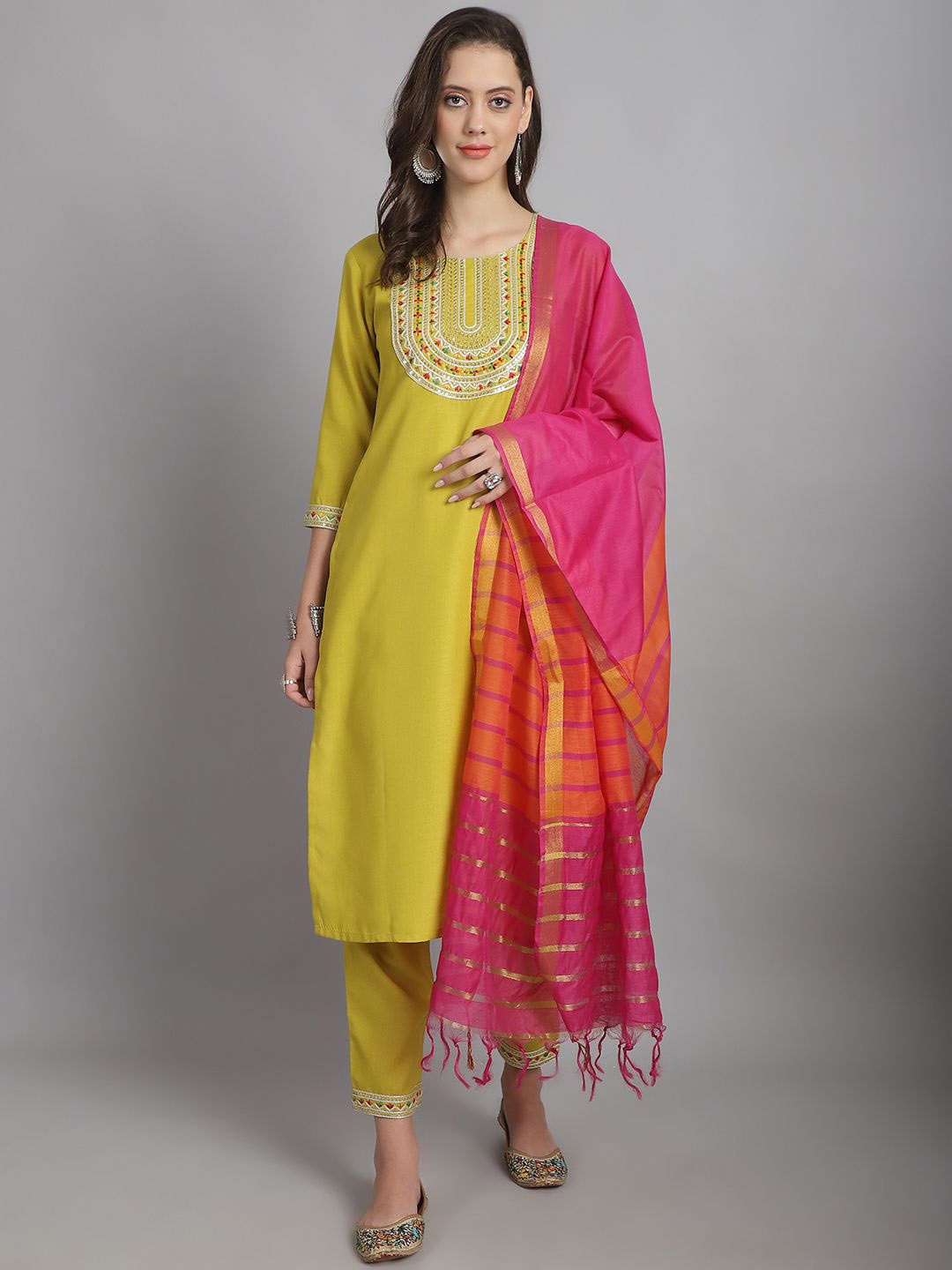 

KALINI Floral Yoke Design Thread Work Straight Kurta with Trousers & Dupatta, Yellow