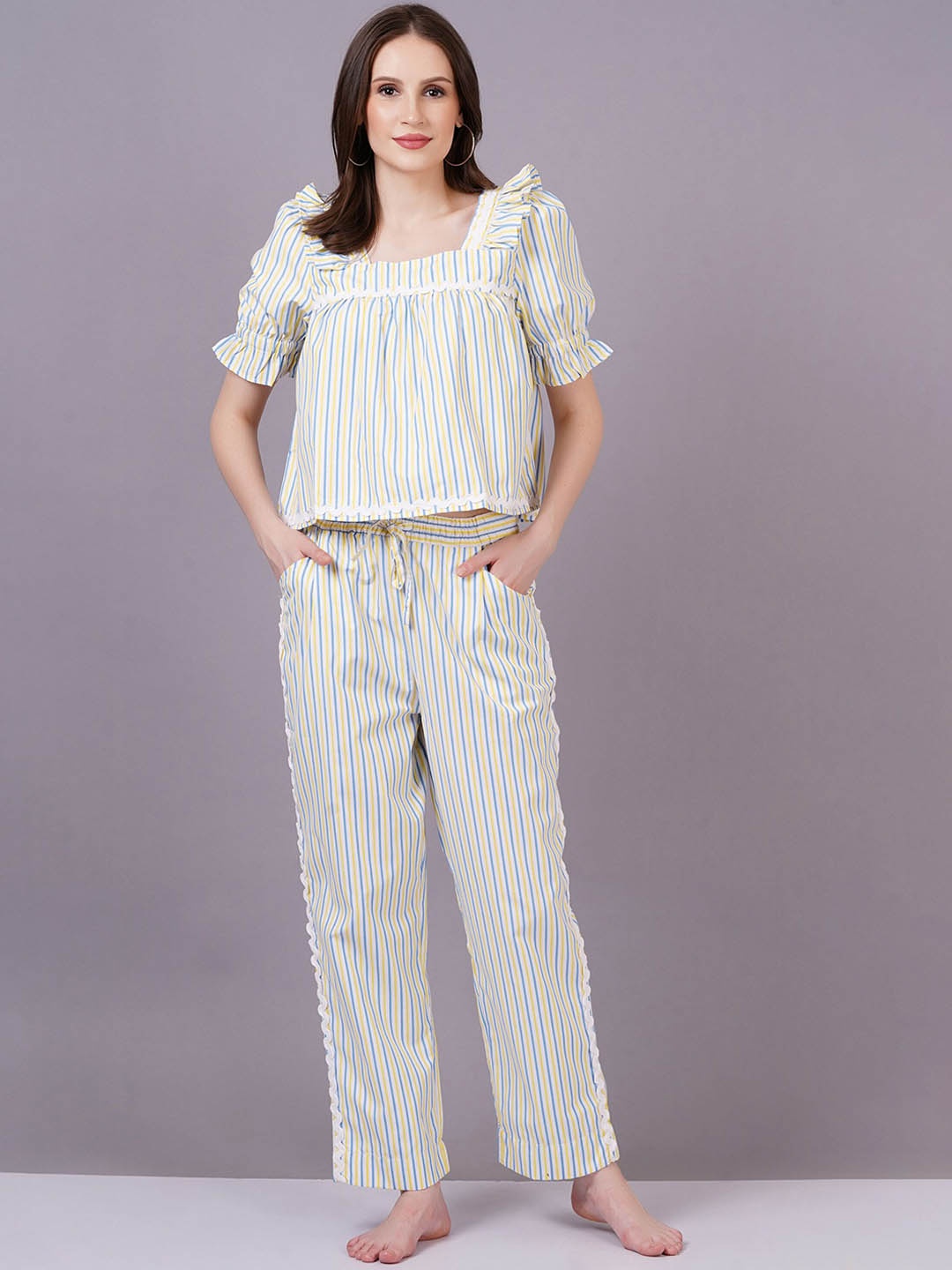 

MINGLAY Striped Square Neck Night Suit, Yellow