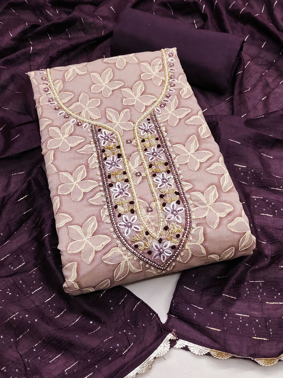 

KALINI Floral Printed Beads and Stones Unstitched Dress Material, Purple
