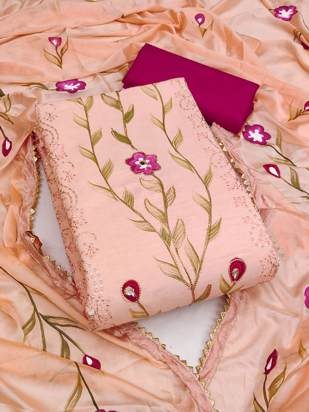 

KALINI Floral Printed Unstitched Dress Material, Peach