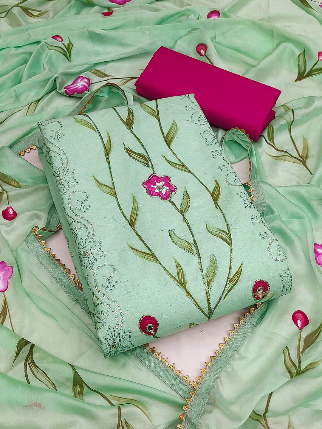 

KALINI Floral Printed Unstitched Dress Material, Green