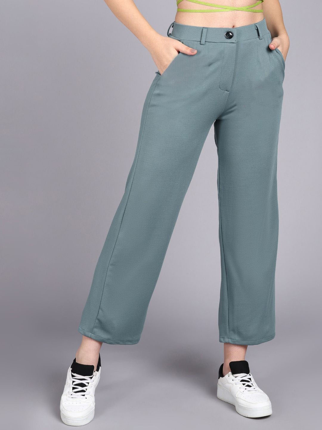 

BAESD Women Relaxed Straight Leg Straight Fit High-Rise Cotton Twill Trousers, Sea green