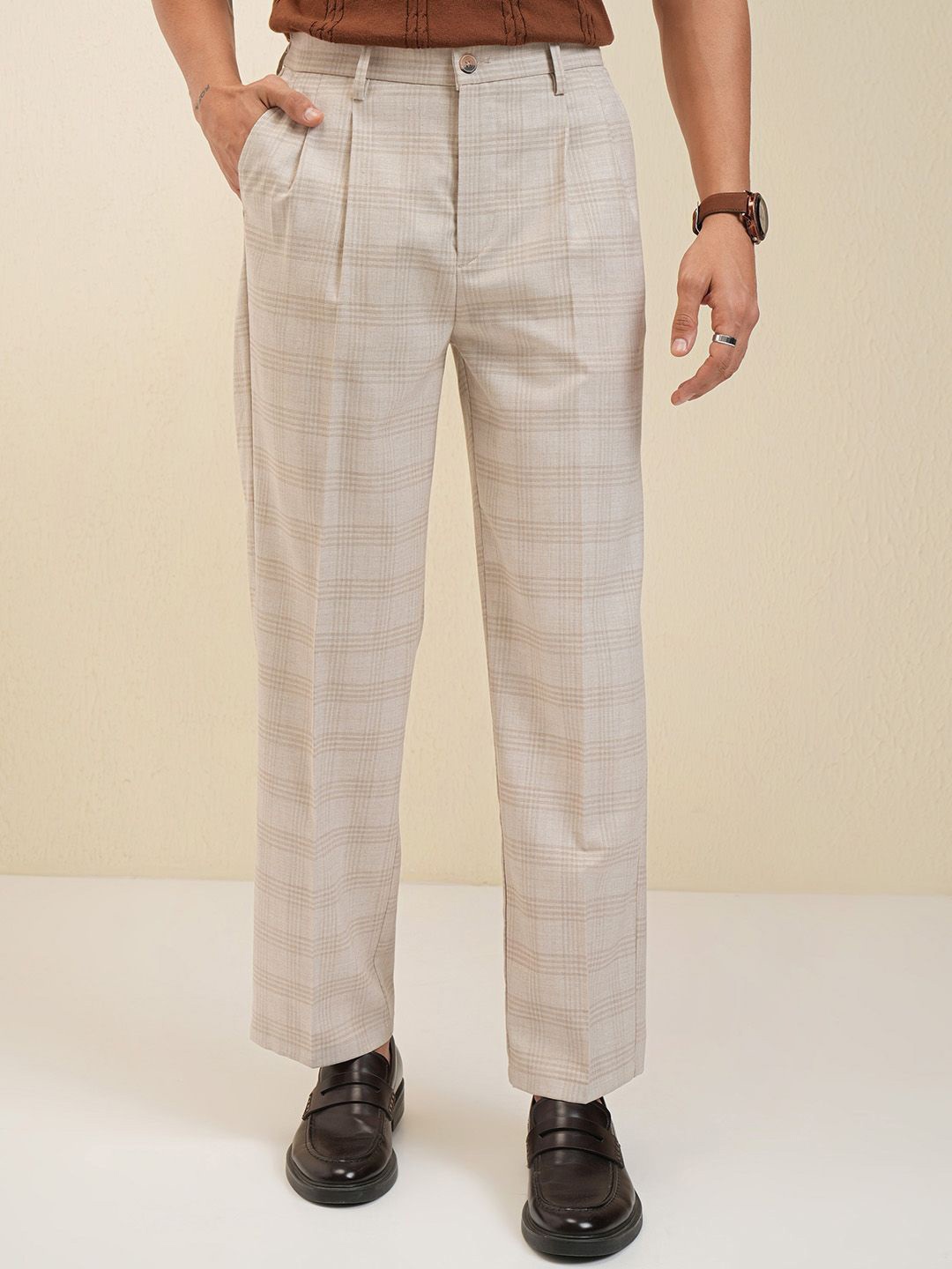 

LOCOMOTIVE Men Checked Pleated Formal Trouser, Beige