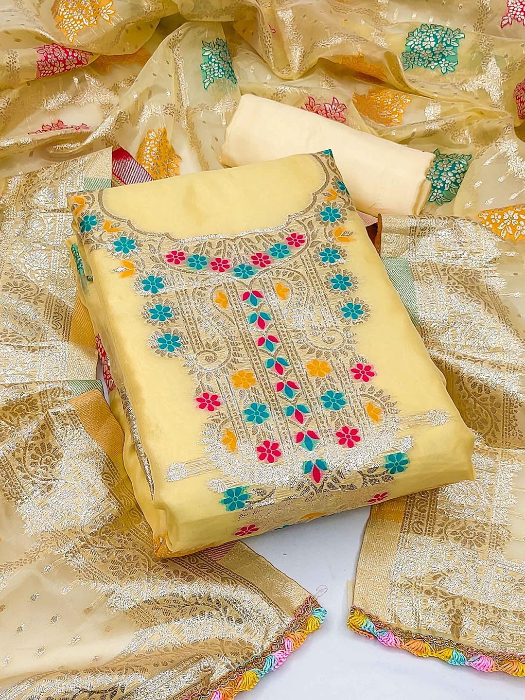 

MAHALASA Embroidered Unstitched Dress Material, Yellow