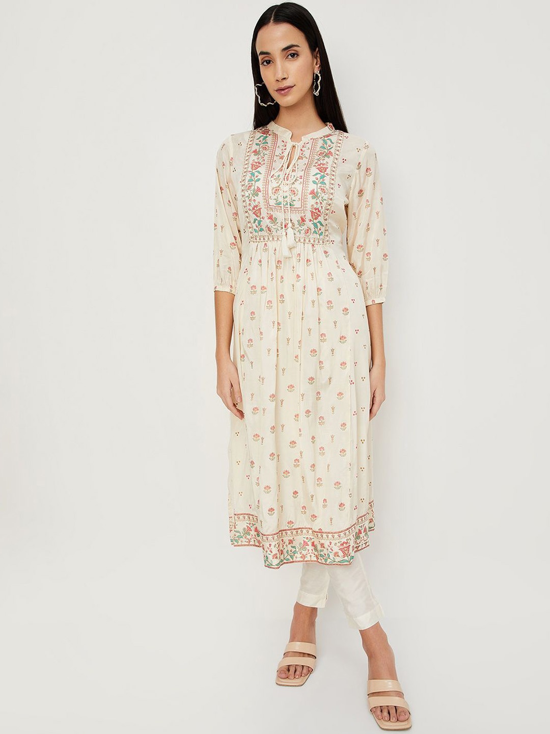 

max Women Floral Printed Keyhole Neck Flared Sleeves Sequinned Kurta, Off white