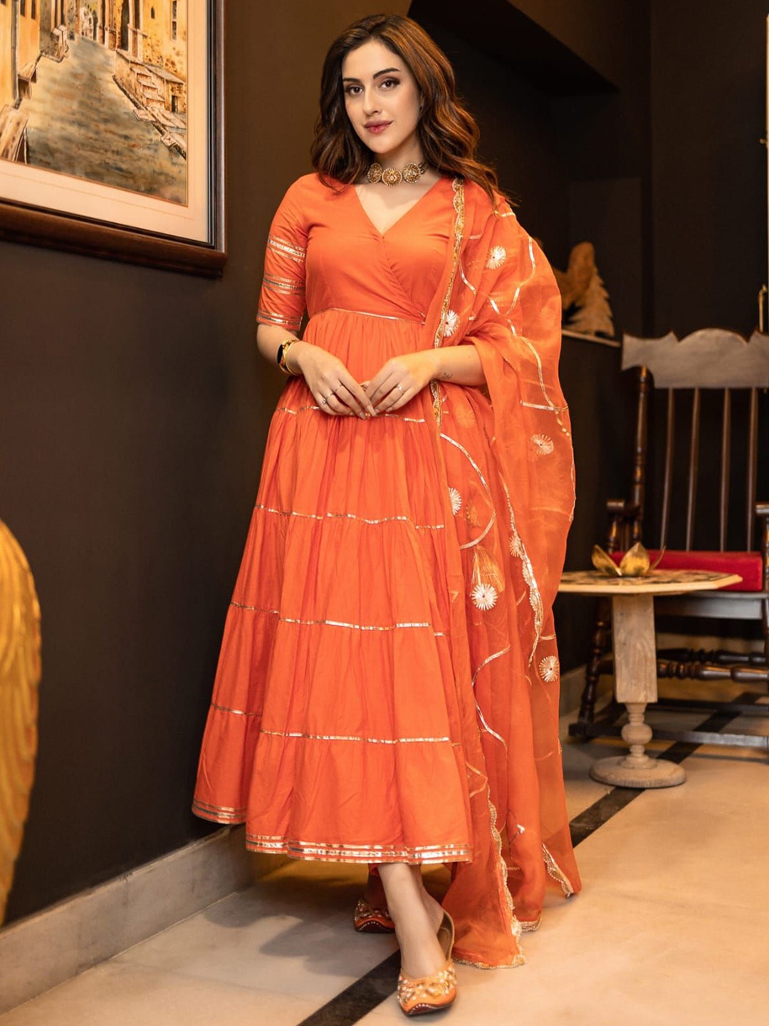 

KALINI V-Neck Gotta Patti Anarkali Kurta with Trousers & Dupatta, Orange