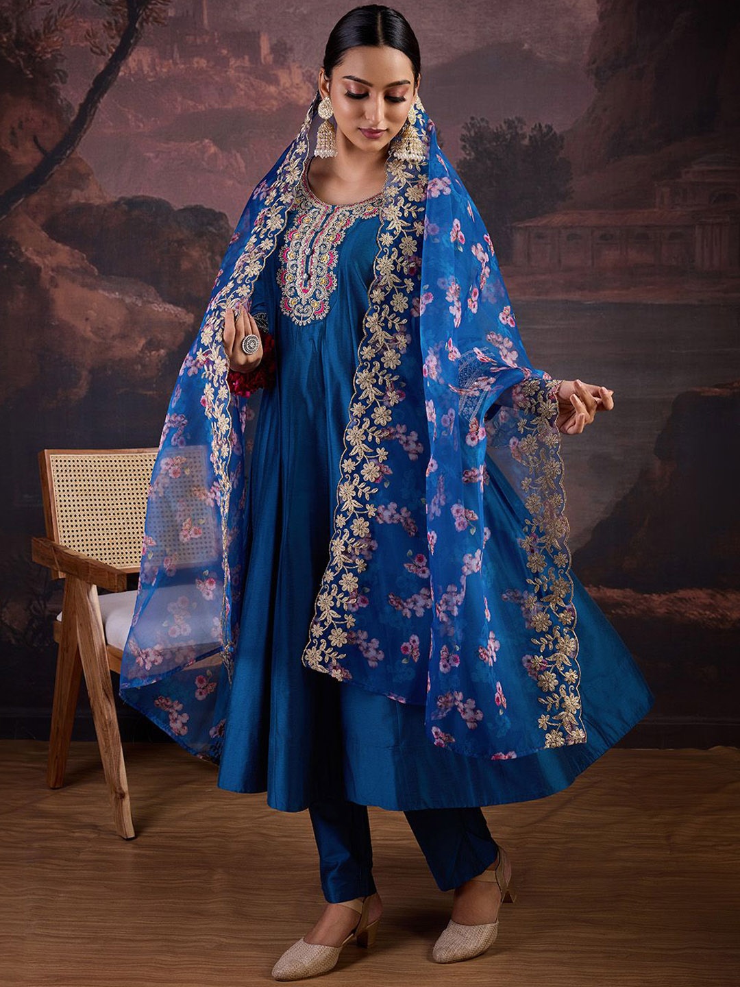 

House of Pataudi Embroidered Pure Cotton Anarkali Kurta With Trouser & Dupatta Set, Blue