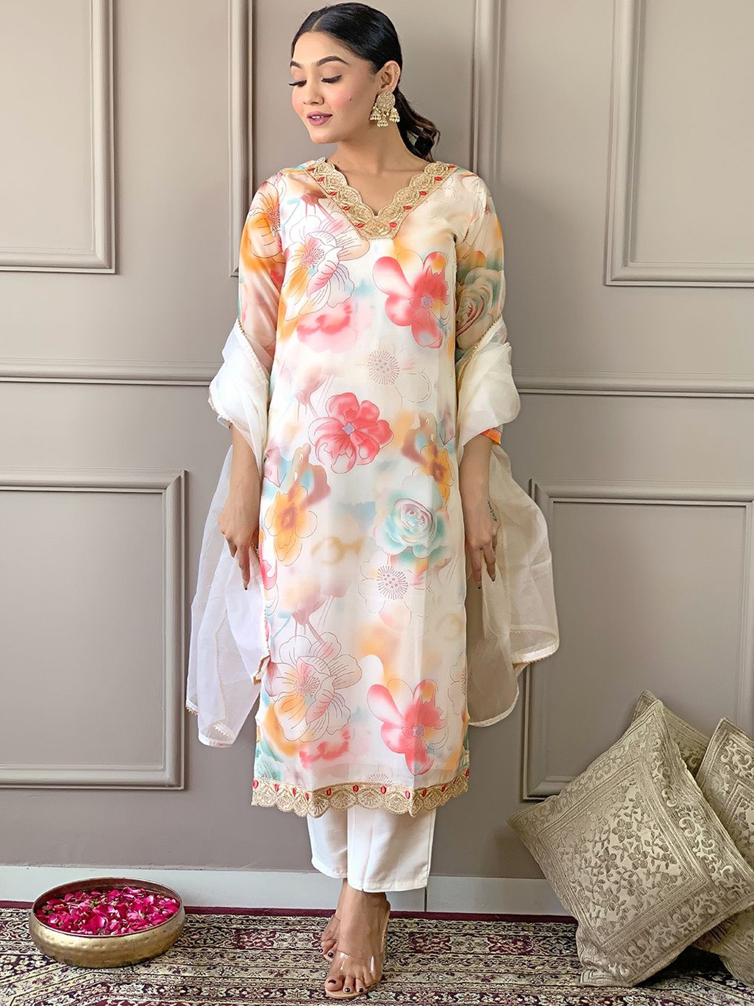 

S.K.C Floral Printed Embroidered Straight Kurta With Trousers & Dupatta, Off white
