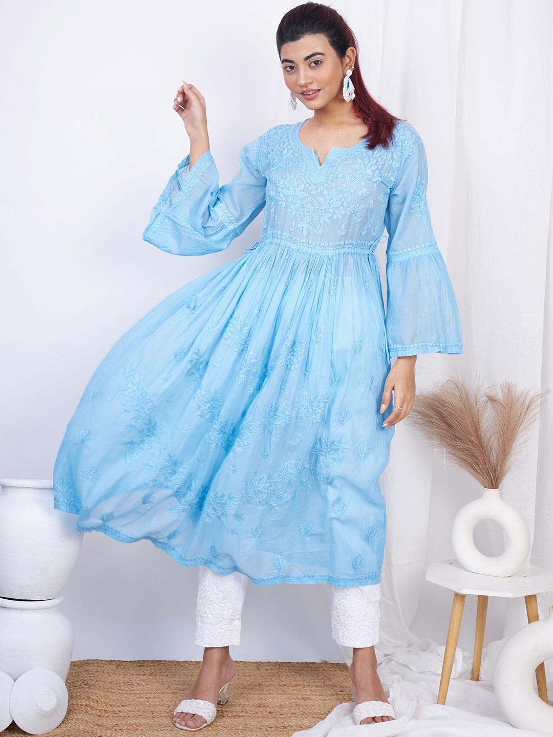 

The Chikan Label Floral Embroidered Thread Work Organic Cotton Anarkali Kurta, Blue
