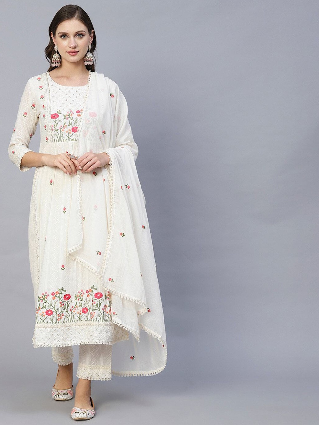 

S.K.C Floral Embroidered Pleated A-Line Kurta with Trousers & Dupatta, Off white
