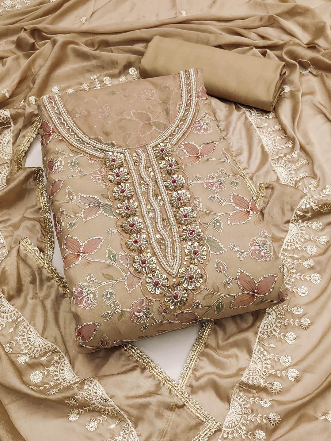 

KALINI Embroidered Unstitched Dress Material, Beige