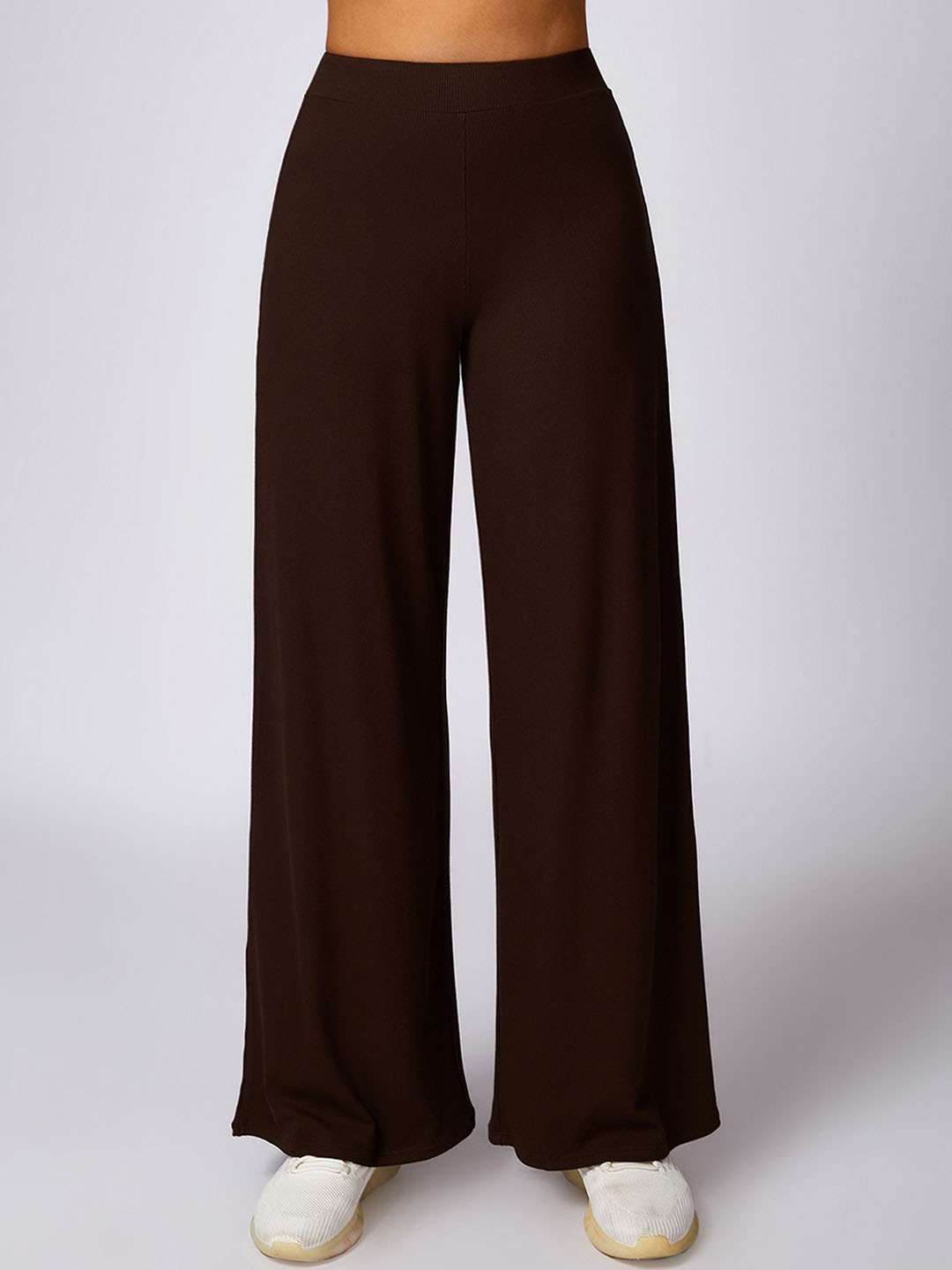 

LULU & SKY Women Solid Regular Fit Mid-Rise Wide Leg Sport Trousers, Coffee brown