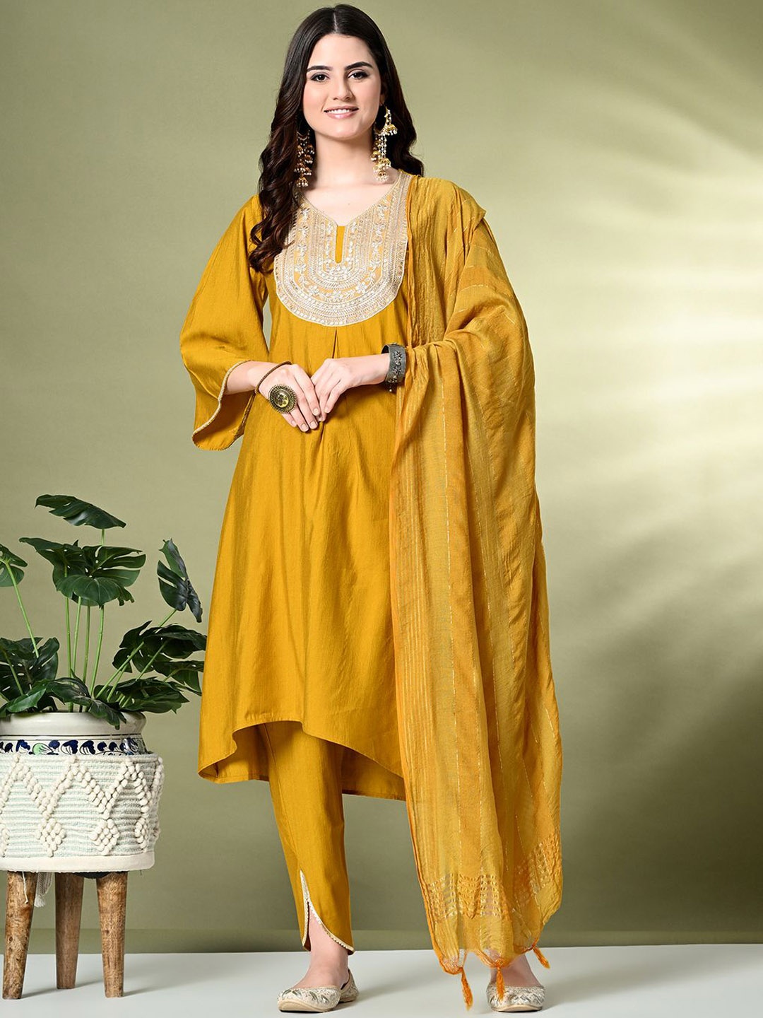 

Sangria Ethnic Motifs Yoke Design Sequinned A-Line Kurta With Dhoti Pant & Dupatta, Mustard