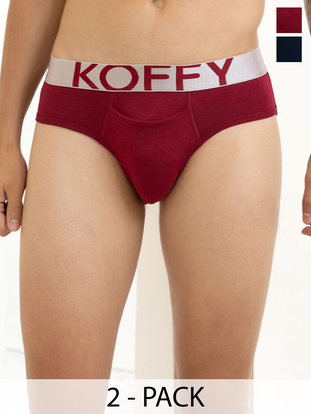 

KOFFY Men Pack Of 2 Basic Mid-Rise Outer Elastic Briefs KOFFY_KI23_MNRD_NB_2PC, Maroon