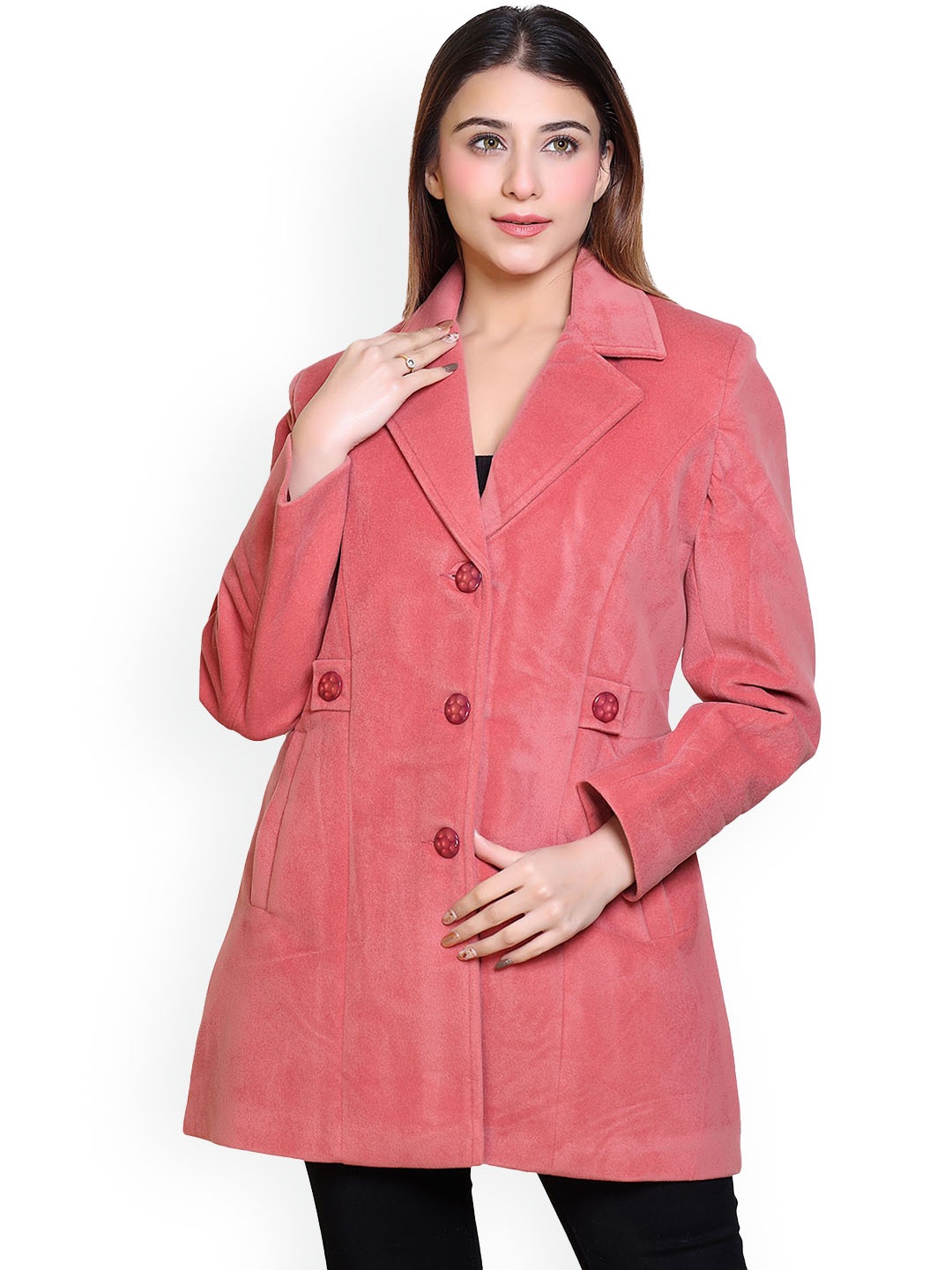 

Lady Leaf Notched Lapel Long Sleeves Hip Length Suede Overcoat, Pink