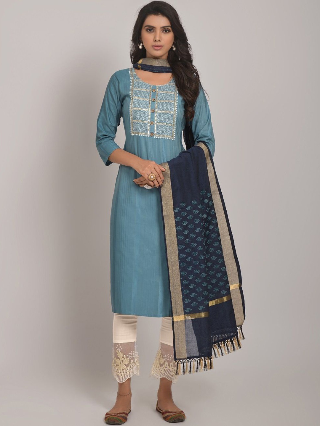 

S.K.C Yoke Design Sequinned Straight Kurta With Trousers & Dupatta, Turquoise blue