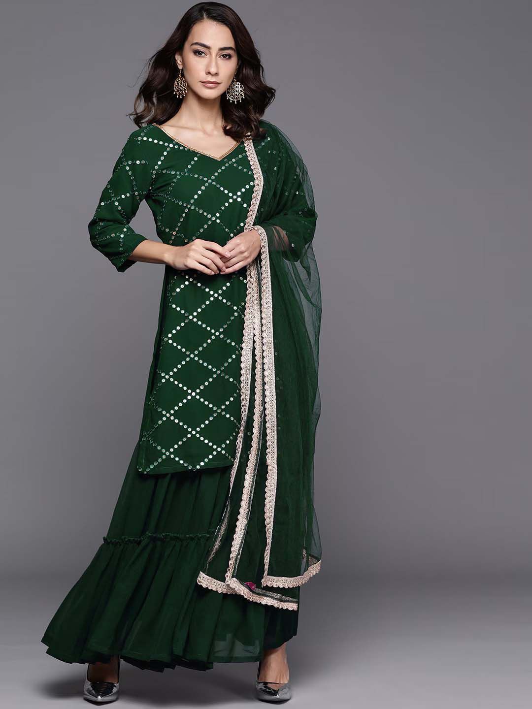 

Ethnic Yard Women Embroidered Regular Kurta with Sharara & With Dupatta, Green