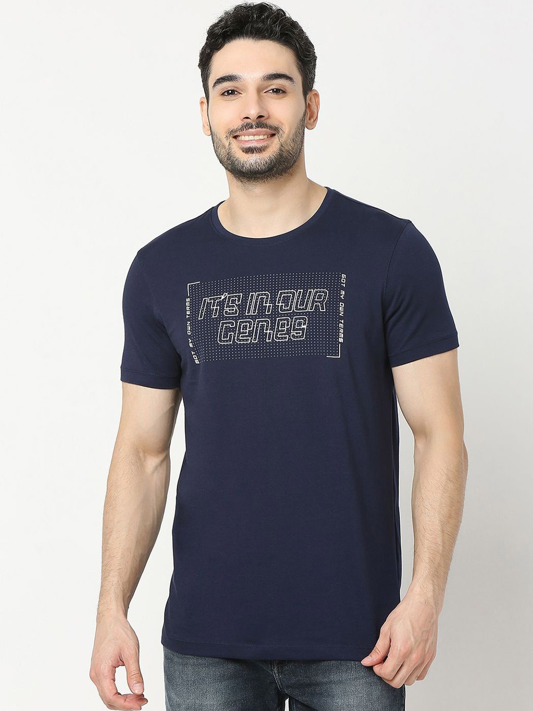 

UnderJeans by Spykar Men Typography Printed Cotton T-shirt, Navy blue