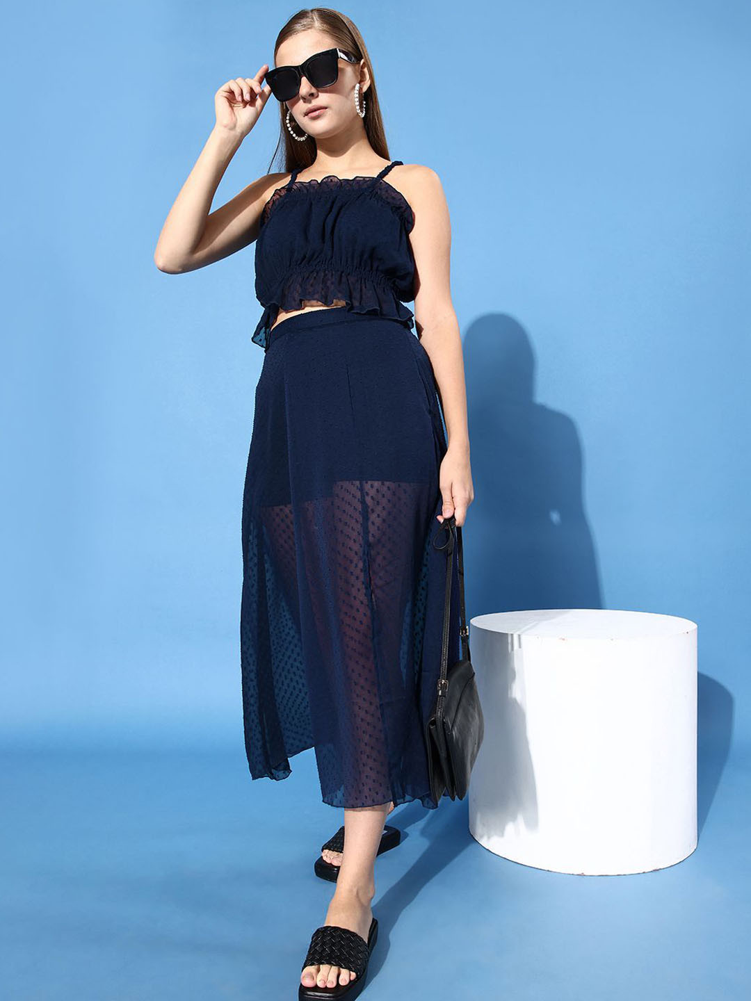 

ANVI Be Yourself Shoulder Strap Top With Skirt Co-Ords, Navy blue