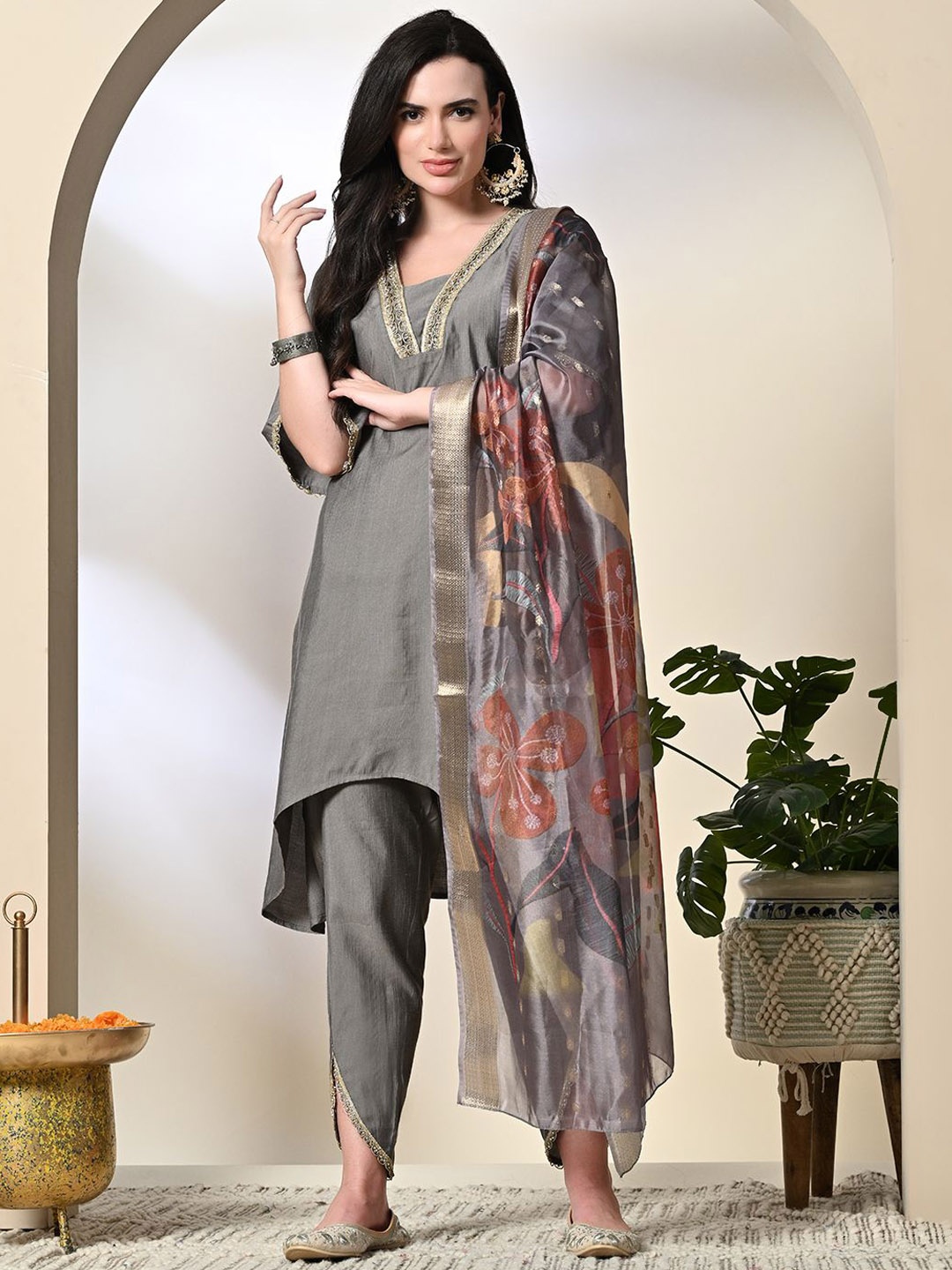 

Myshka V-Neck Bell Sleeves Beaded A-Line Kurta With Dhoti Pants & Dupatta, Grey