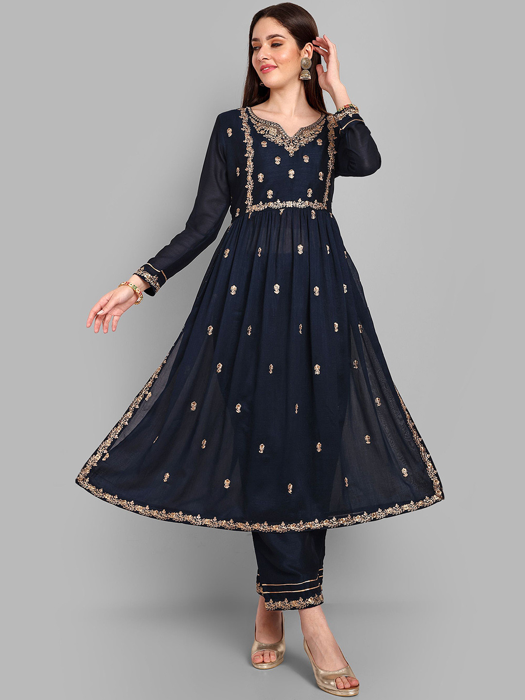 

S.K.C Floral Embroidered Long Sleeves Anarkali Kurta with Trousers, Navy blue