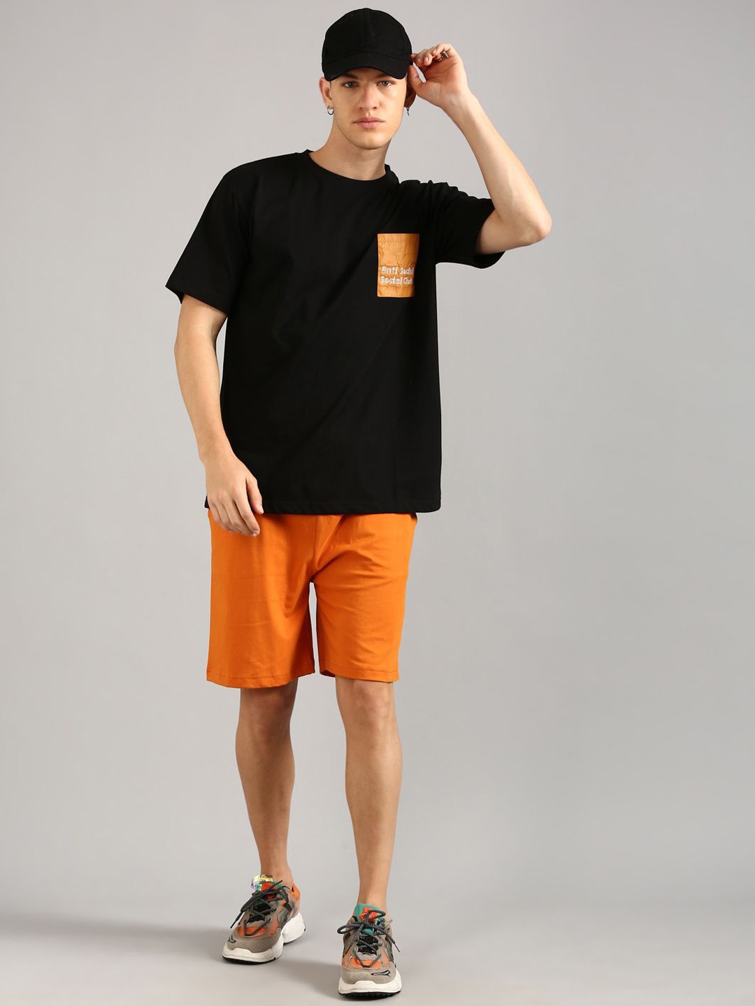 

Joven Patch Detail Pure Cotton T-Shirt With Shorts Co-Ords, Black