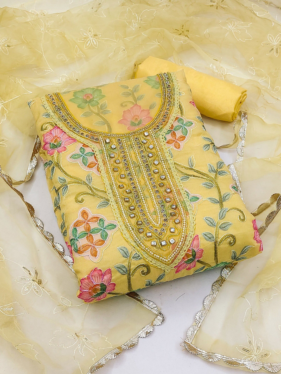 

MAHALASA Floral Embroidered Unstitched Dress Material, Yellow