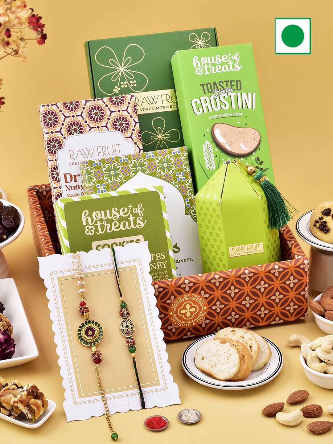 

RawFruit Set of 2 Rakhis with Dryfruits & Sweet Gifts, Brown