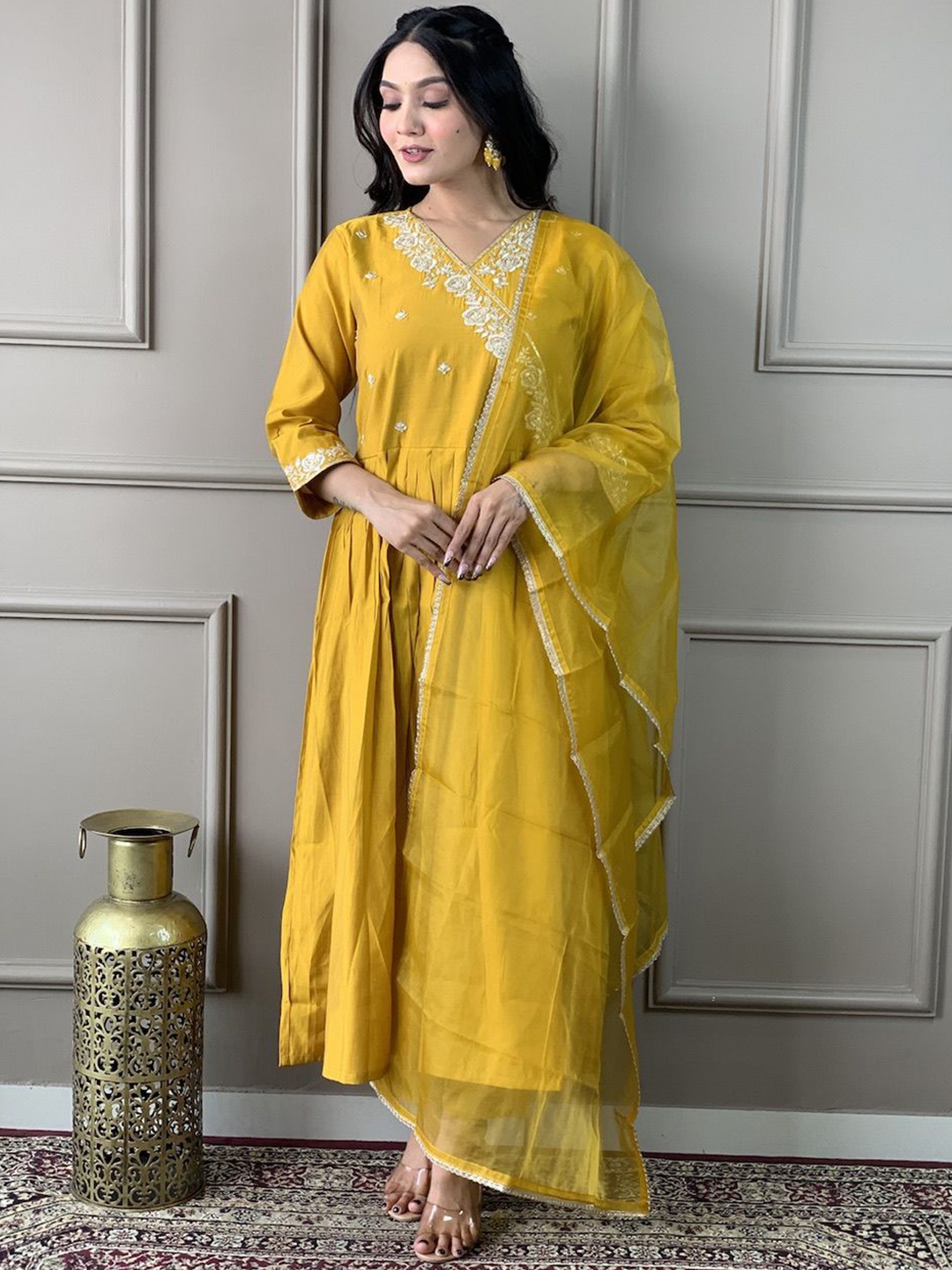 

Storebrite Floral Regular Chanderi Silk Anarkali Kurta with Trousers & With Dupatta, Yellow