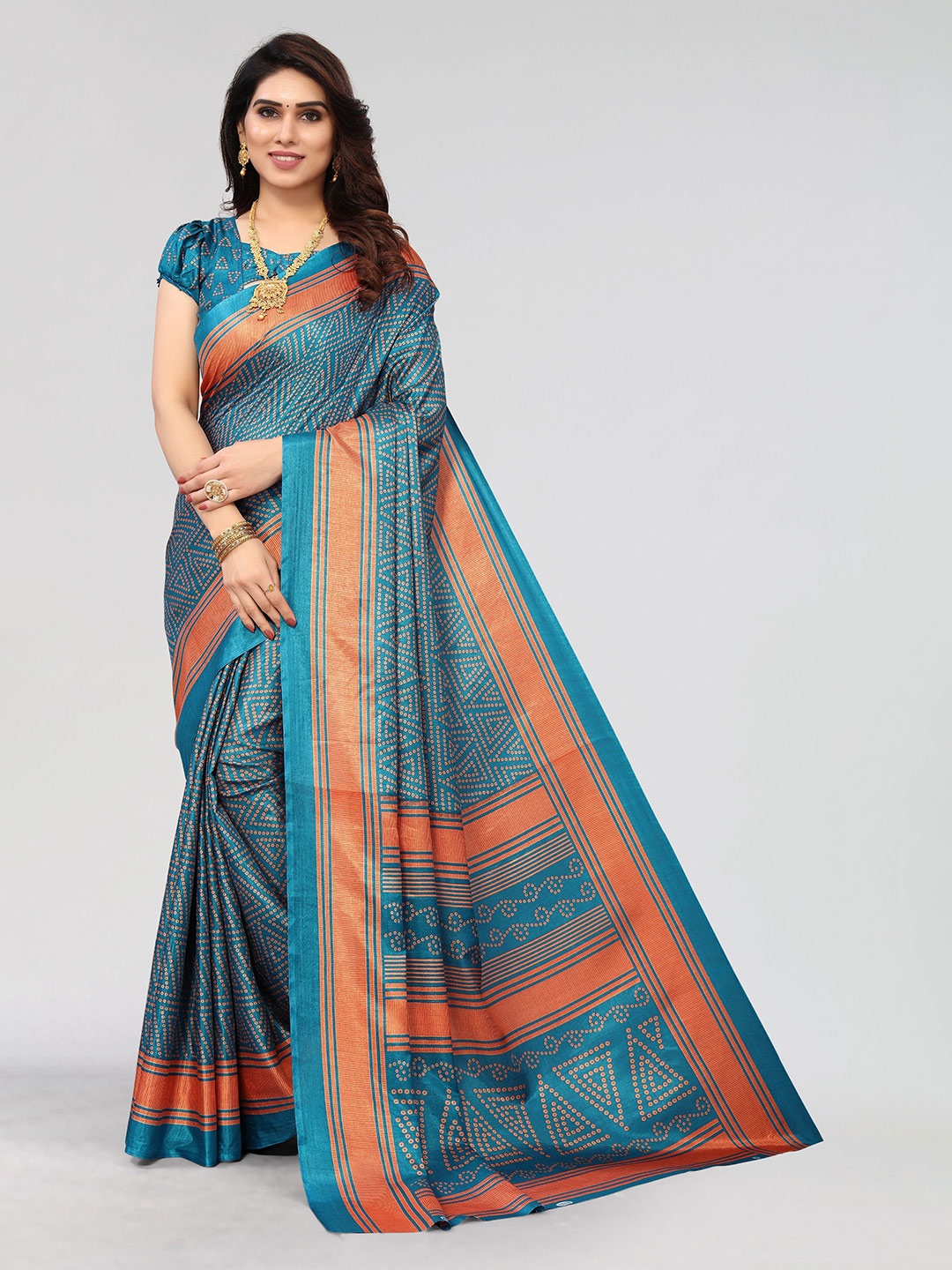 

VIRICA Printed Pure Cotton Khadi Saree, Teal