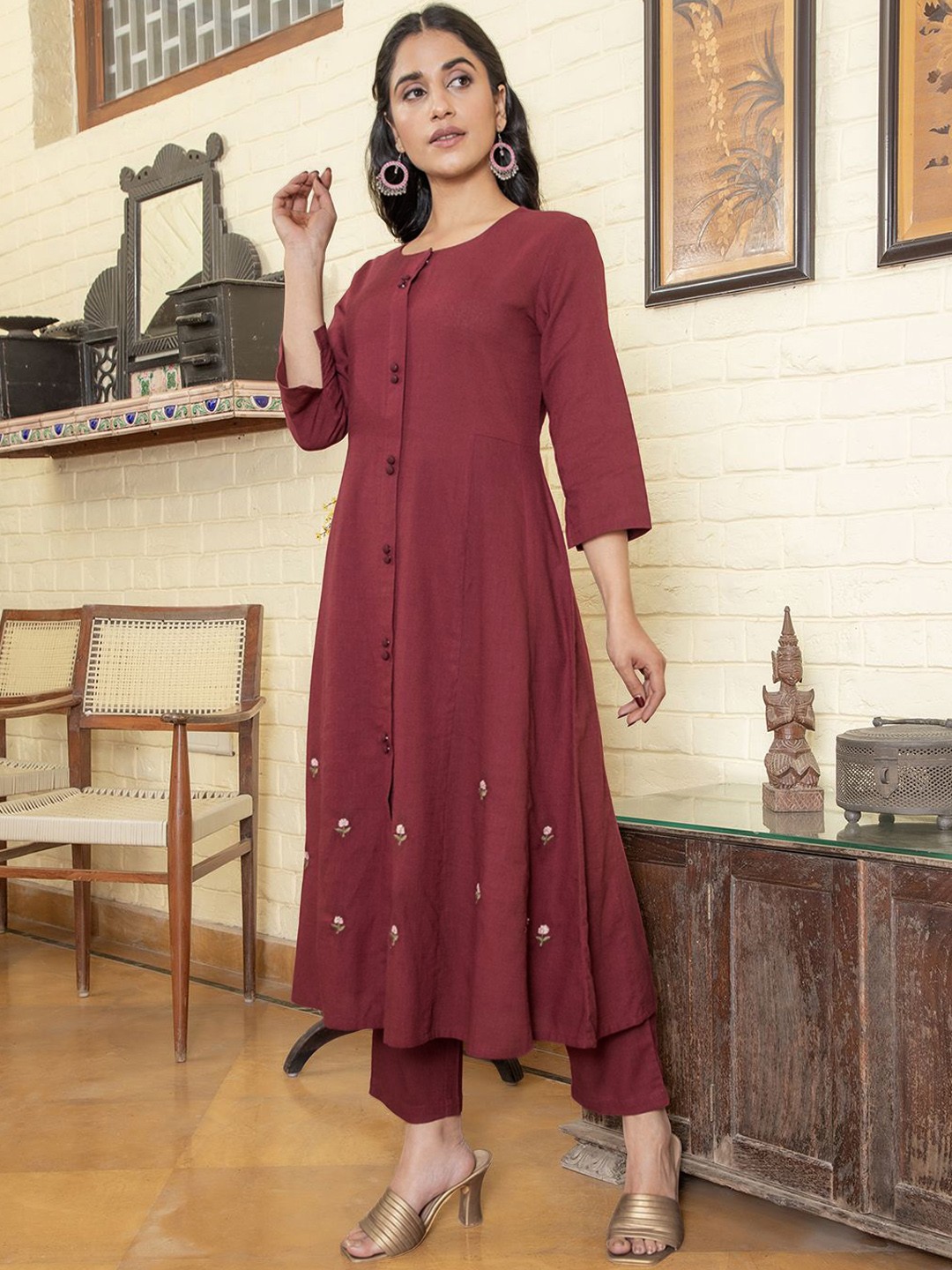 

RangDeep Floral Embroidered Pure Cotton A-Line Kurta with Trousers & Dupatta, Burgundy