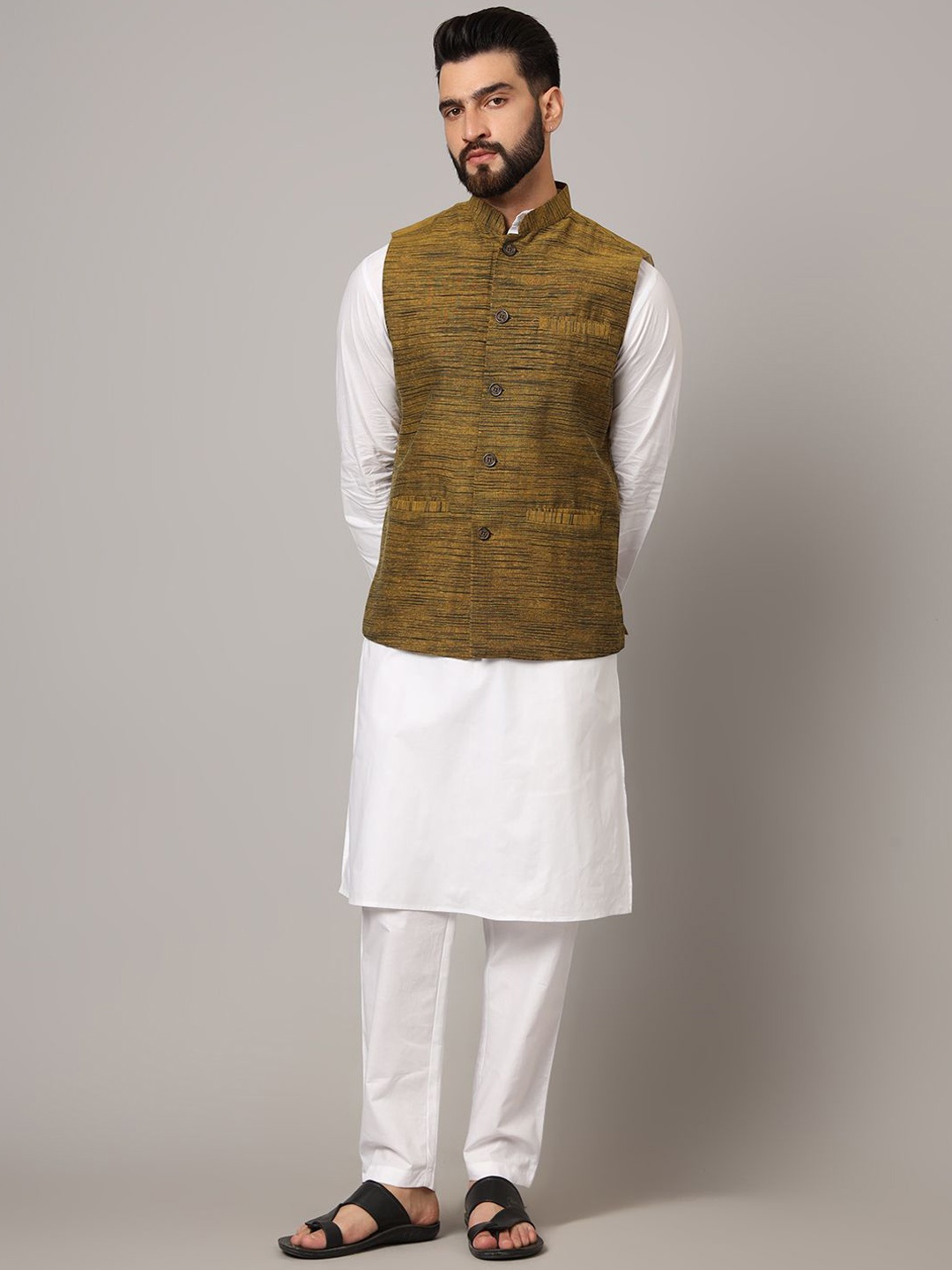 

Latest Chikan Garments Woven Design Nehru Jacket, Green