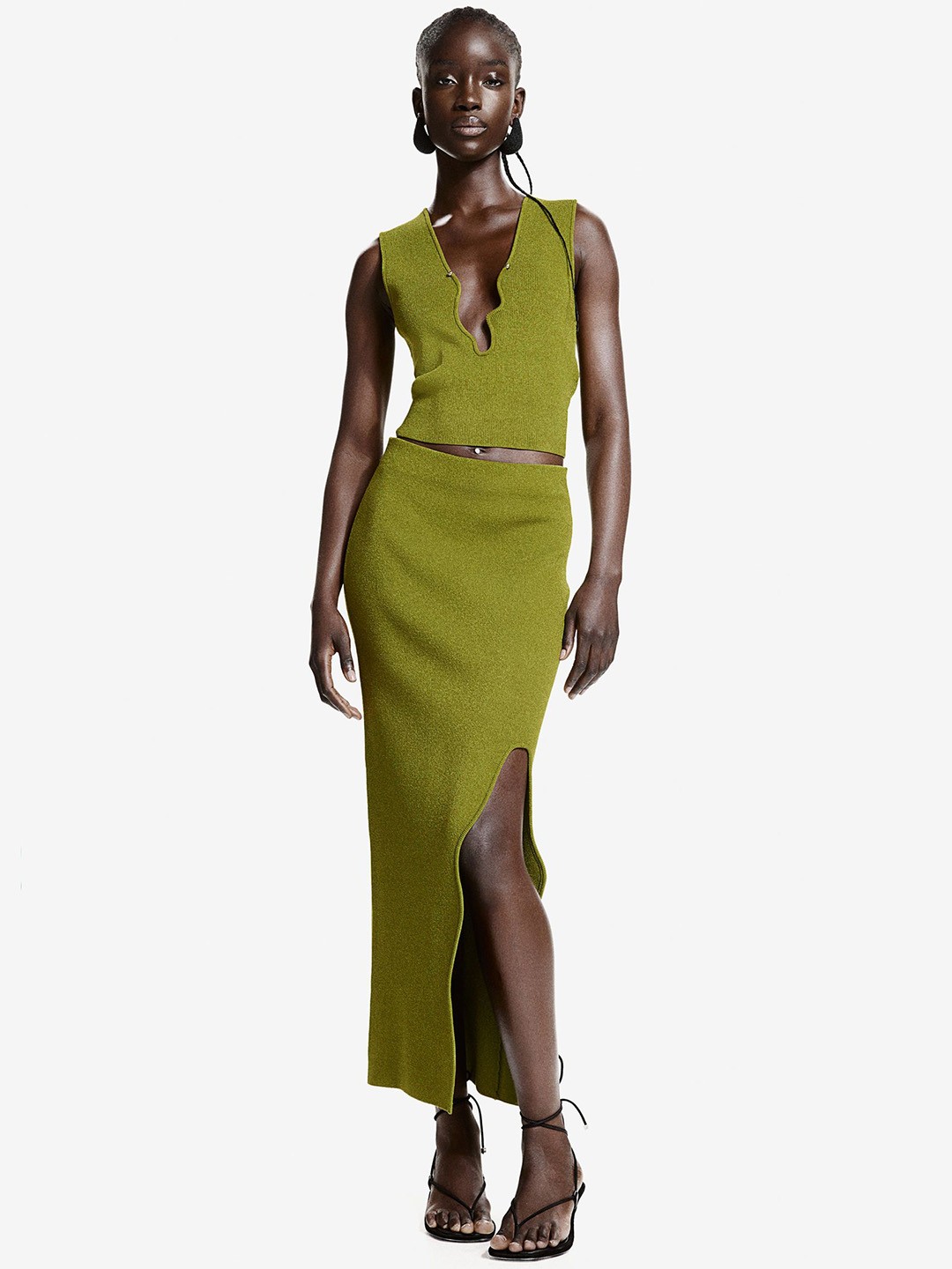 

H&M Slit-Front Knitted Skirts, Green