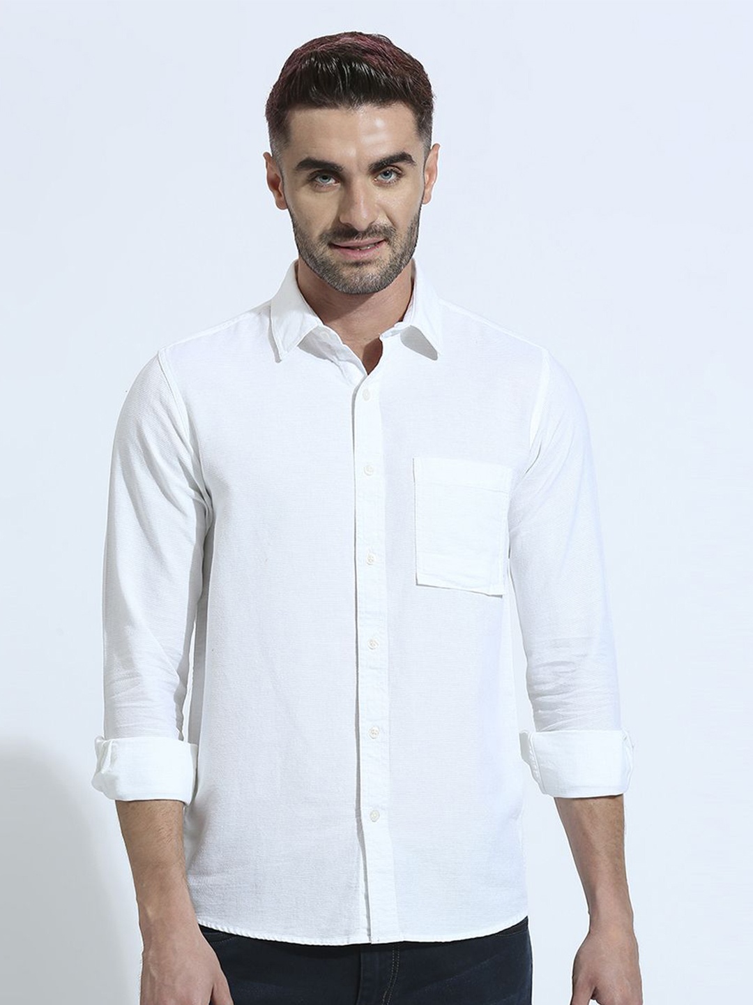 

Klub Fox Men Spread Collar Solid Cotton Slim Fit Casual Shirt, White