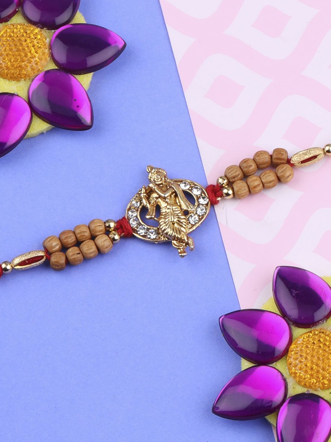 

Silver Shine Set Of 2 Rakhi With Roli Chawal Greeting Card & Pooja Thali, Multi