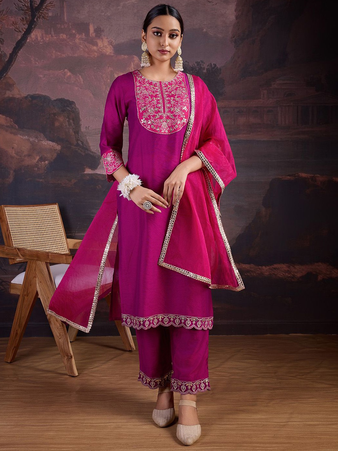 

House of Pataudi Embroidered Kurta With Trouser & Dupatta Set, Pink