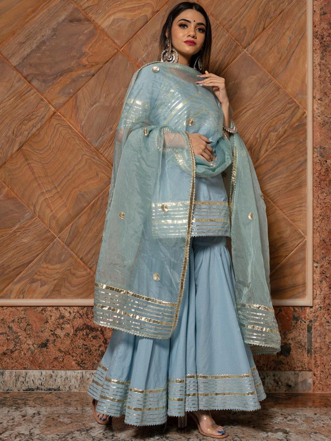 

Pomcha Women Regular Gotta Patti Pure Cotton Kurta with Sharara & With Dupatta, Blue
